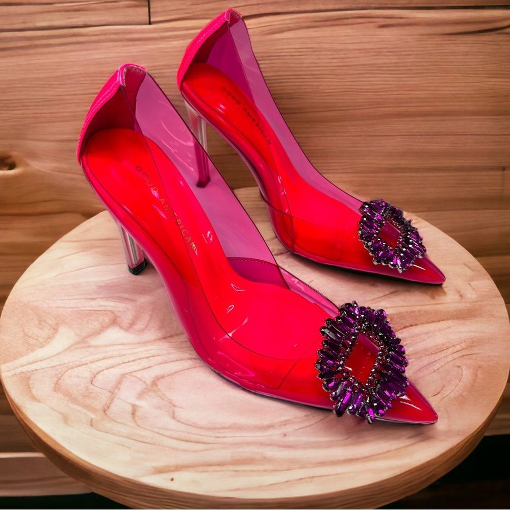 Good American Hot Pink Pointed Toe Heels with Purple Gem Accent